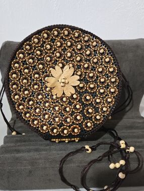 Round Brown and Tan Beaded Crossbody Bag